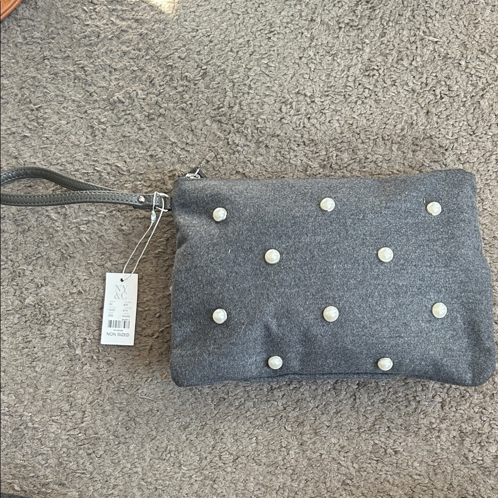 New York & Company Charcoal Wristlet with Pearl Embellishments